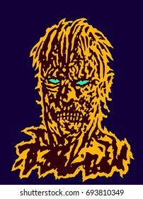 Danger and addle zombie head. Vector illustration. The horror genre. Scary character face. 