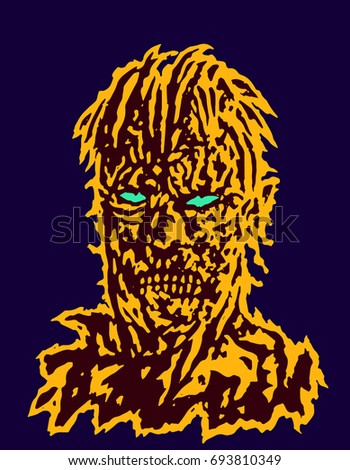 Danger and addle zombie head. Vector illustration. The horror genre. Scary character face. 