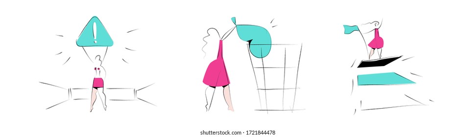 Danger alert, delete and layers product categories. Empty state vector illustration. Hand drawn scenes with woman character. Activities in minimal style for mobile application and website.