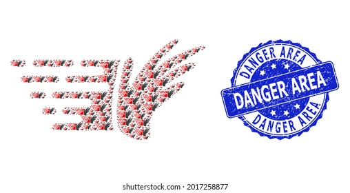 Danger Area corroded round stamp seal and vector fractal mosaic hand. Blue stamp contains Danger Area title inside round shape. Vector mosaic is constructed from randomized hand pictograms.