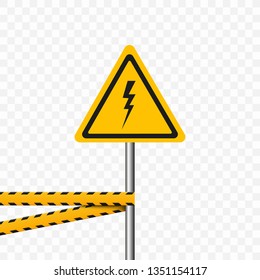 Danger. Badge on a pole and protective tapes. Warning sign. Yellow triangle. Vector image on a transparent background.
