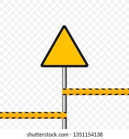 Danger. Badge on a pole and protective tapes. Warning sign. Yellow triangle. Vector image on a transparent background.