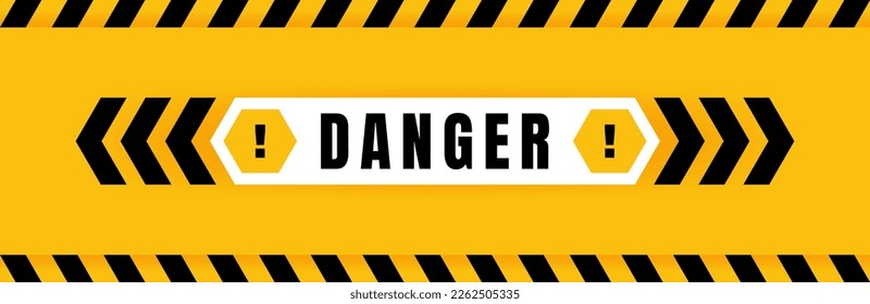 Danger badge placed on yellow background with black and yellow line striped. Attention label with exclamation mark on hexagon. Vector illustration.