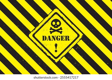 Danger, banner template. Grunge background, warning and caution. black skull with bones, yellow and black vector illustration