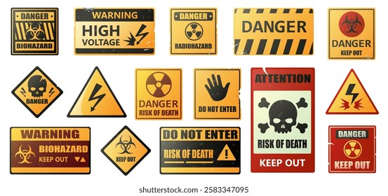 Danger banner. Warning alert hazard zone labels, risk attention and security notice stickers, traffic road safety caution signs. Vector danger isolated set.