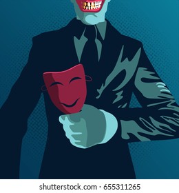 danger betrayal businessman in vector illustration, businessman hold on mask in concept of business trap