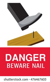 DANGER BEWARE NAIL, vector icon ,boots steps on a nail, An accident about to happen