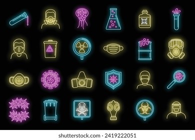 Danger biohazard icons set. Outline set of danger biohazard vector icons neon color on black