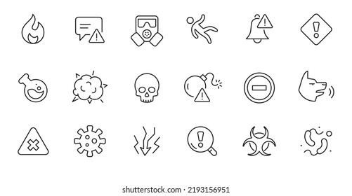 Danger biohazard line icon set. Fire danger, angry dog, chemical radiation sign. Virus, bomb, gas mask alert symbol. Thin line editable stroke sign. Vector illustration.