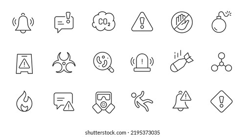 Danger Biohazard Line Icon Set. Fire Danger, Toxic, Chemical Radiation Sign. Virus, Bomb, Gas Mask Alert Symbol. Thin Line Editable Stroke Sign. Vector Illustration.