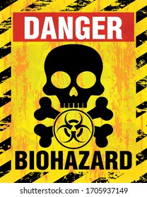 Signo de la etiqueta de advertencia de peligro biológico, icono del cráneo. Símbolo de peligro amarillo, negro y rojo infectado con texturas gastadas, raspadas y oxidadas. Ilustración del vector
