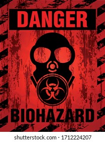 Danger Biohazard warning label sign, gas mask icon. Black and red danger symbol with worn, scratchy and rusty textures. Vector illustration