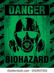Danger Biohazard warning label sign, gas mask icon. Infected Specimen, black and green danger symbol with worn, scratchy and rusty textures. Vector illustration