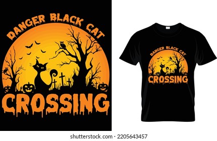 Danger black cat crossing Halloween t shirt design template 