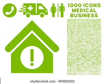 Danger Building icon with 1000 medical commerce eco green vector pictograms. Set style is flat symbols, white background.