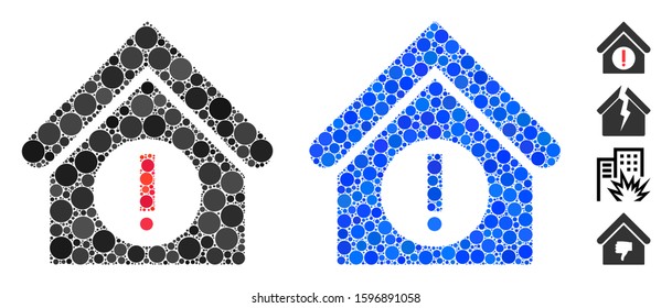 Danger building mosaic of filled circles in variable sizes and color tinges, based on danger building icon. Vector dots are composed into blue mosaic.