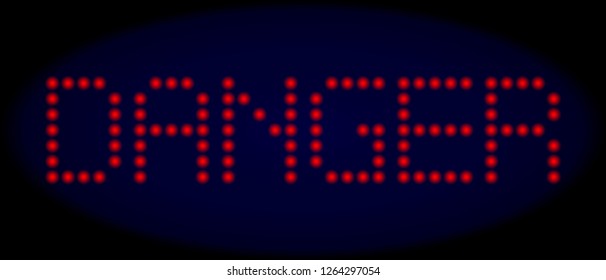 Danger caption in LED style with round glowing pixels. Vector light red letters forms Danger caption on a dark blue background. Digital font with round elements.