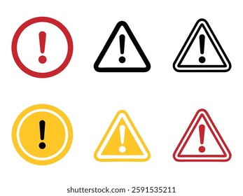 Danger Caution Alert Warning Icons – Exclamation Mark Triangle and Circle Signs.