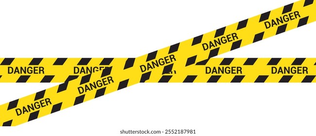 Peligro Precaución Cintas de barrera. Conjunto de cinta de advertencia de peligro amarillo y negro, incluye símbolos para seguridad industrial, carreteras y sitios de construcción. Ilustración vectorial sobre un fondo transparente.