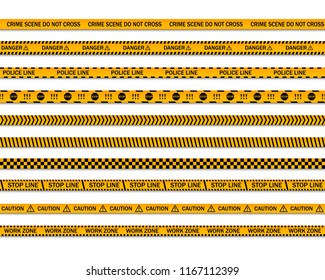 Danger caution seamless tapes. Crime scene do not cross yellow police line. Work zone stripe. Vector illustration