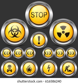 Danger and Caution Street Sign. Set of Round Metal Icons