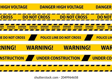 Peligro, precaución y advertencia de cintas sin fisuras. Frontera de franjas de policía negra y amarilla. Ilustración del vector del delito.