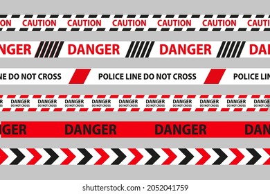 Danger, caution and warning seamless tapes. Black, white and red police stripe border. Crime vector illustration.