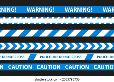 Danger, caution and warning seamless tapes. Blue police stripe border. Crime vector illustration.
