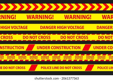 Danger, caution and warning seamless tapes. Red and yellow police stripe border. Crime vector illustration.