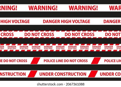 Danger, caution and warning seamless tapes. Red and white police stripe border. Crime vector illustration.