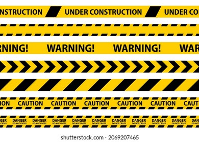 Danger, caution and warning seamless tapes. Black and yellow police stripe border. Crime vector illustration.