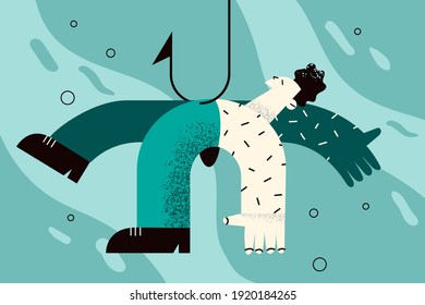 Danger, challenge, business victim concept. Businessman levitating in water as human bait feeling powerless and losing self confidence vector illustration