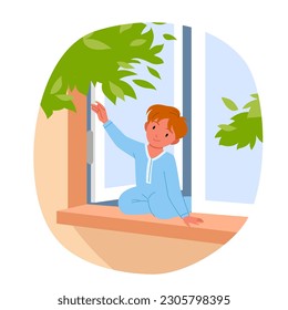 Danger of child falling out of open window vector illustration. Cartoon baby boy in romper sitting on windowsill of home apartment, risk attention of falls and injury for playing careless kid