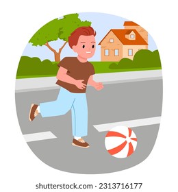 Danger for child on city road vector illustration. Cartoon naughty baby boy playing football on street or highway, kid running to hit ball, dangerous area for children games and accident risk