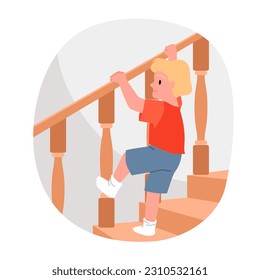 Danger to child at stairs vector illustration. Cartoon boy climbing on railing of high wooden staircase, curiosity and play of careless child on ladder, risk of falling from height and injury for kid