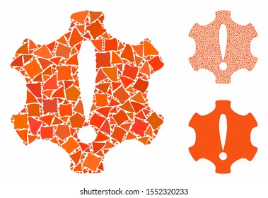 Danger composition of ragged pieces in variable sizes and color hues, based on danger icon. Vector tuberous pieces are grouped into composition. Danger icons collage with dotted pattern.
