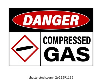 Peligro, gas comprimido. Señal de advertencia de OSHA con cilindro de gas en signo de diamante rojo y texto a la derecha. 