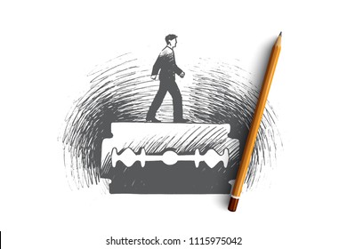 Danger concept. Hand drawn man walking on stainless blade, symbol of danger isolated vector illustration.