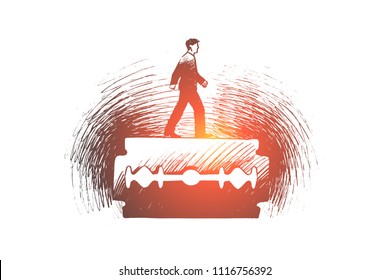 Danger concept. Hand drawn man walking on stainless blade, symbol of danger isolated vector illustration.