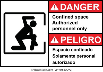 Danger confined space sign with symbol. Confined space entry by permit only sign. Confined space sign and labels