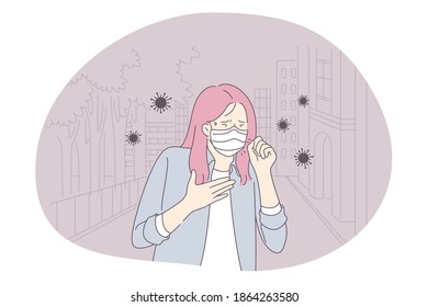 Danger or coronavirus infection epidemic, protective facial mask, pandemic concept. Young woman in medical protective mask coughing and feeling fever in corona bacteria flowing around illustration
