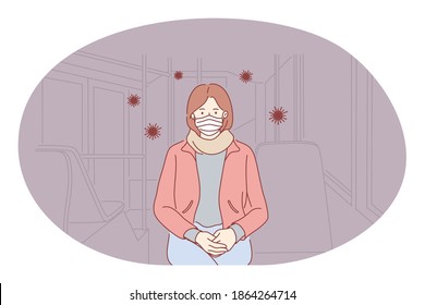 Danger or coronavirus infection epidemic, protective facial mask, pandemic concept. Young woman in medical protective mask sitting in public transport in corona bacteria flowing around illustration