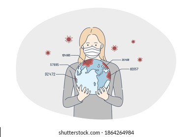 Danger or coronavirus infection epidemic, protective facial mask, pandemic concept. Young woman in medical protective mask standing and holding world globe with number of sick people worldwide 