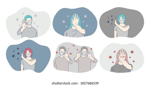 Danger or coronavirus infection, protection, facial mask, epidemic, pandemic, outbreak concept. People in medical protective masks showing risks of spreading corona infection preventing bacteria flow