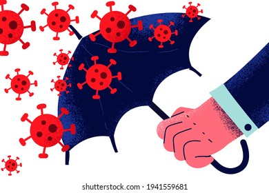 Danger Of Coronavirus, Protection From Virus Bacteria Concept. Hand Of Businessman Holding Umbrella Against COVID-19 Pneumonia Bacterias Flow Trying To Defend Health And Business Vector Illustration