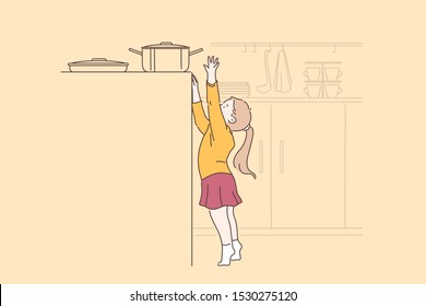 Danger, curiosity, carelessness concept. Small child girl inadvertently tries to take a hot pot on the gas stove. Safety baby at home. Baby is not under the supervision of parents. Vector flat design.