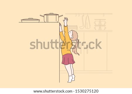 Danger, curiosity, carelessness concept. Small child girl inadvertently tries to take a hot pot on the gas stove. Safety baby at home. Baby is not under the supervision of parents. Vector flat design.