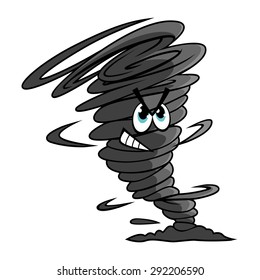 Danger dark gray tornado funnel cartoon character encircled by a cloud of dust at the narrow end for weather or mascot design