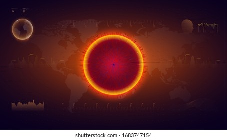 Danger of deadly virus. Hologram of coronavirus COVID-2019 on futuristic background in HUD style.  Infection in the world. Biological disease. Microbiological study. Virus cell analysis.