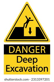 Danger, deep excavation. Warning yellow triangle sign with a  silhouette of person falling and text below.